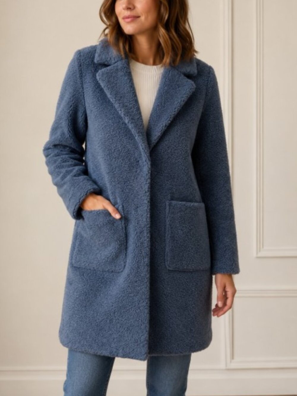 French Connection Teddy Coat in Dusty Blue Size Medium